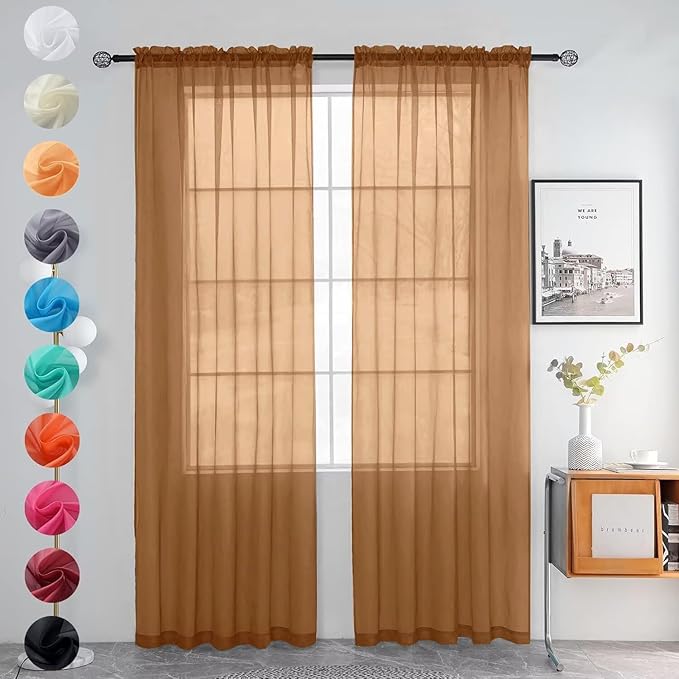 youleyar Solid Sheer Rod Pocket Curtain Voile Draperies 2 Panels White Beige Black Grey Ivory 52 Inch Width 84 Inch Long 1 Pair for Kitchen Bedroom Children Living Room Yard (Light Brown,52Wｘ84L)
