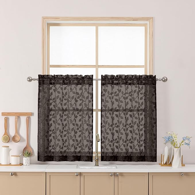 Chyhomenyc Chocolate Sheer Curtains 30 Inch Length, Light Filtering Leaf Tufted Textured Small Window Kitchen Curtain Over Sink, Short Half Window Curtains for Bathroom Basement, 30" Wx30 L, 2 Panels