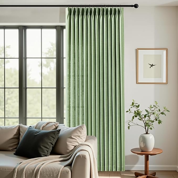 Sage Green Pinch Pleated 84 Inch Curtains for Living Room, Privacy Semi Sheer Curtain with Pleated Hooks Modern Linen Blend Memory Trained Back Tab Drapes for Bedroom Office, 2 Panels, W40xL84