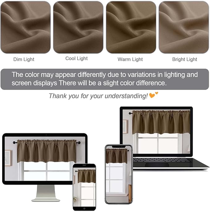Chyhomenyc Brown Valances for Window, Room Darkening Short Curtains for Kitchen Bedroom Living Room, Rod Pocket Top Small Window Treatment Valance RV Bunk Panels, 60Wx18L, 2 Pieces