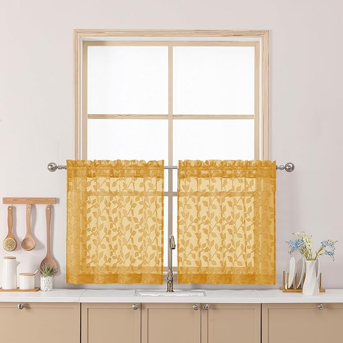 Chyhomenyc Gold Sheer Curtains 24 Inch Length, Light Filtering Leaf Tufted Textured Small Window Kitchen Curtain Over Sink, Short Half Window Curtains for Bathroom Basement, 30" Wx24 L, 2 Panels