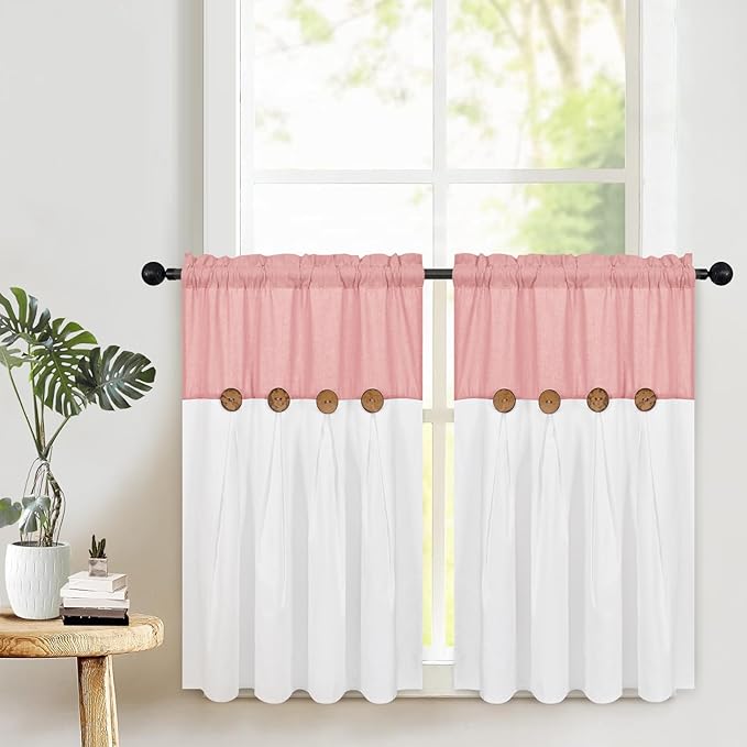 FRAMICS Farmhouse Kitchen Curtains 36 Inch Length, Rustic Cotton Linen Tier Curtains, Boho Button Short Curtain for Windows, Rod Pocket Small Window Curtain, Pink and White, 26x36