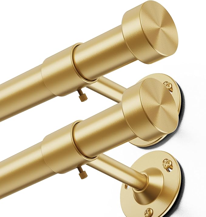 YaFex 2 Pack Heavy Duty Curtain Rods 32-90 Inch, 1 Inch Adjustable Gold Curtain Rod for Windows, Long Window Treatment Rods Set with Aluminium Finials, Modern Design