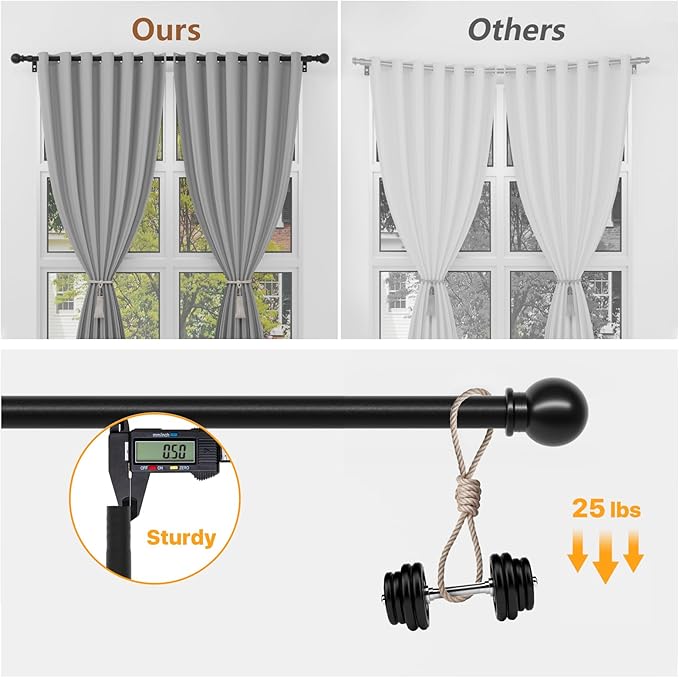 Black Curtain Rods for Windows 28 to 48 inch, Heavy Duty Drapery Rod Set with Brackets, Adjustable 5/8 inch Diameter Metal Standard Curtain Rod for Bedroom, Kitchen, Matte Black