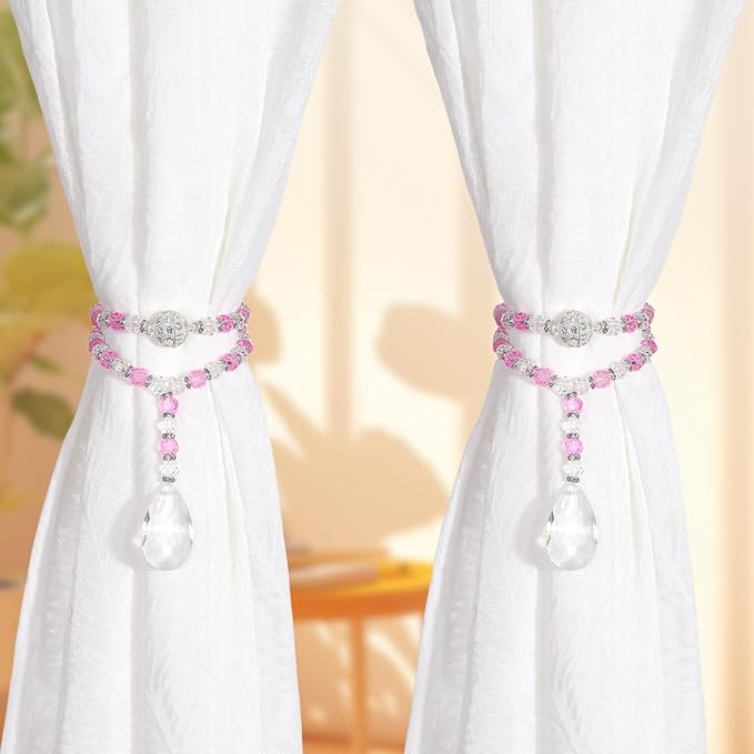 SUQ I OME 1 Pair of Luxury Crystal Beaded Magnetic Curtain Tieback and Holdback Curtain Clips Curtain Buckle Curtain Holder Blingbling Curtain Holdbacks for Drapes,Bright Pink
