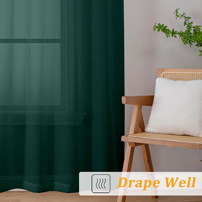 Gwine Hunter Green Sheer Curtains 90 Inches Long 2 Panels Set, Light Filtering Solid Filmy Drapes for Living Room Bedroom, Elegant Soft Rod Pocket Voile Sheer Window Curtains, 42Wx90L Inch, 2PCS