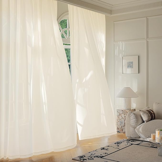 FMFUNCTEX Sheer Non-See-Through Butter Cream Curtains for Bedroom, Sliding Door Curtains 96 Inches Long Window Curtain Drapes for Living Room, Patio Glass Door Extra Wide Curtain, Rod Pocket 1 Panel
