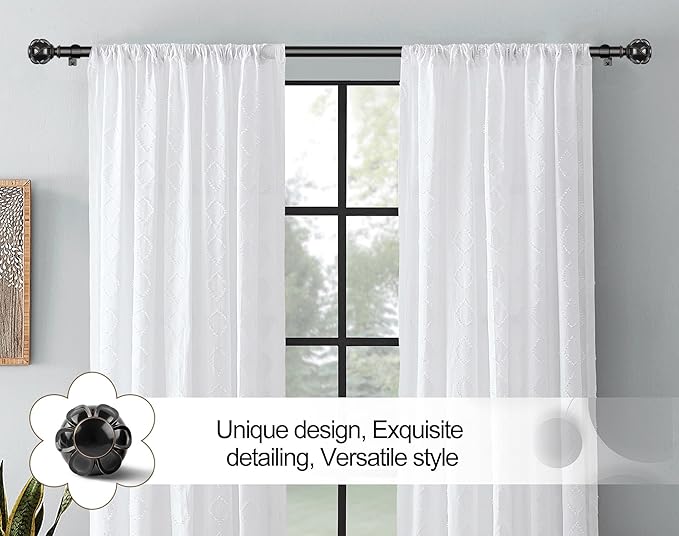 KAMANINA Curtain Rods for Windows 48 to 84 Inch, Black Heavy Duty Curtain Rod Adjustable, 7/8 Inch Single Decorative Drapery Rod 32 to 86 Inch(2.6-7.1Ft), Netted Texture End
