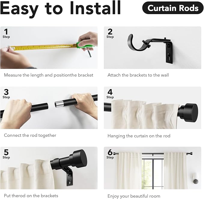 IFELS 2 Pack Heavy Duty Curtain Rods for Windows 72 to 144 Inch, 1 Inch Black Adjustable Curtain Rod Set with Easy Installation and Modern Design (A1,Black,30-150",2Pack)