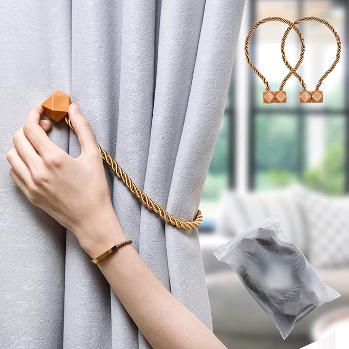 NazTur Magnetic Curtain Tiebacks- Upgrade 2022 with a Thicker Twist Rope & Strong Magnet Tieback Window Treatment Holdbacks Draperies Holders Decorative Drape Handmade Tie Back (Gold, 2)