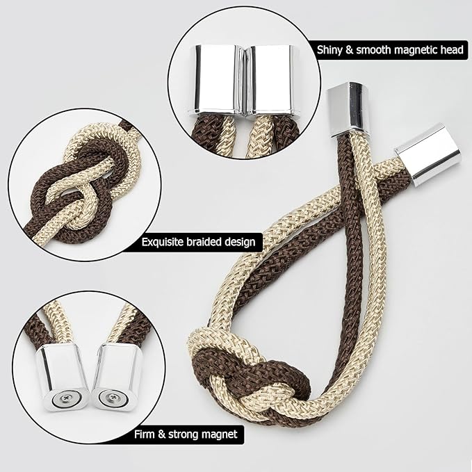 NICEEC 4 Pack Mini Magnetic Curtain Tiebacks Nordic Simple Style Drape Tie Backs Elegant Hand Weave Rope Knot Decorative Curtain Holdbacks for Home & Office Thin Window Drapery (Coffee & Beige)