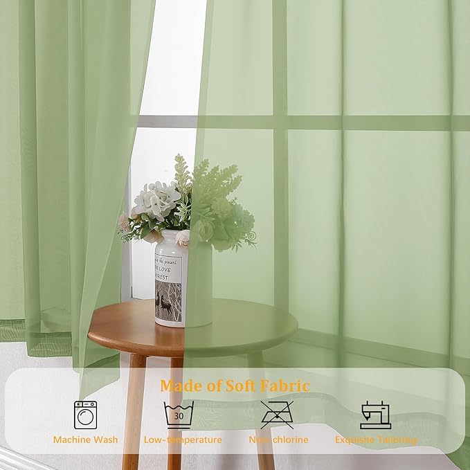 Gwine Light Green Sheer Curtains 72 Inches Long 2 Panels Set for Front Door, Light Filtering Sheer Curtains for Living Room, Rod Pocket Window Treatments Drapes, Each 42" Wx72 L