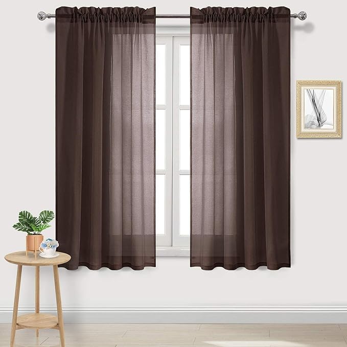 DWCN Brown Sheer Curtains Semi Transparent Voile Rod Pocket Curtains for Bedroom and Living Room, 42 x 72 inches Long, Set of 2 Panels