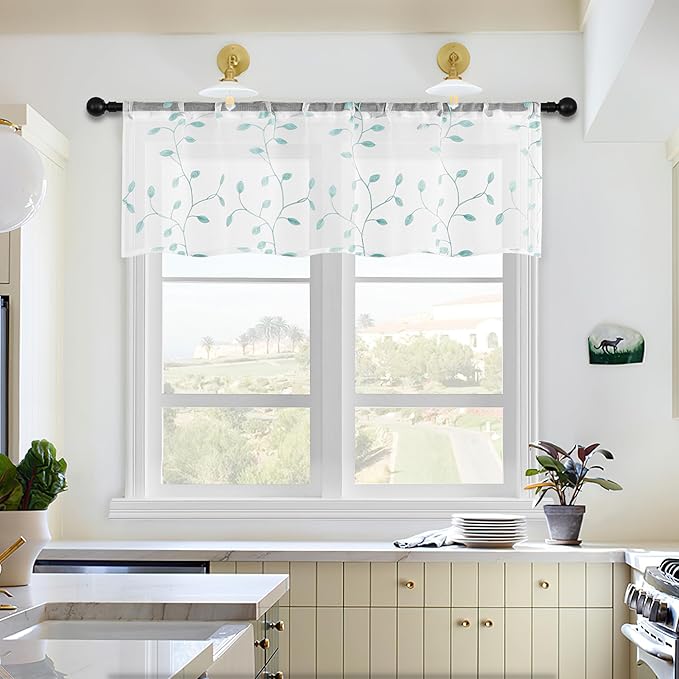 MRTREES Sheer Christmas Curtain Valance, 2 Panels Leaves Embroidered Small Valances Curtains 54x16 Inches, Rod Pocket Short Window Treatment Toppers for Living Room Bedroom Kitchen(Aqua Blue Leaves)