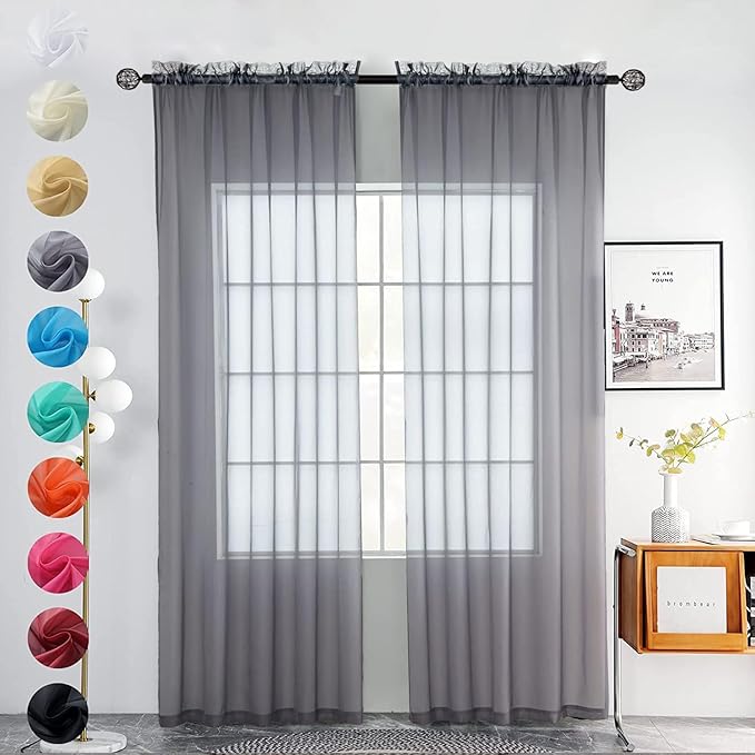 youleyar Solid Sheer Rod Pocket Curtain Voile Draperies 2 Panels White Beige Black Grey Coffee 52 Inch Width 63 Inch Long 1 Pair for Kitchen Bedroom Children Living Room Yard(Grey,52Wｘ63L)
