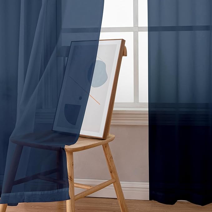 Simplebrand Blue Sheer Curtains 84 Inches Long, Light Filtering Rod Pocket Solid Color Sheer Window Curtain Panels, Elegant Curtains & Drapes for Bedroom 2 Panels (Navy Blue, 42" W x 84" L)