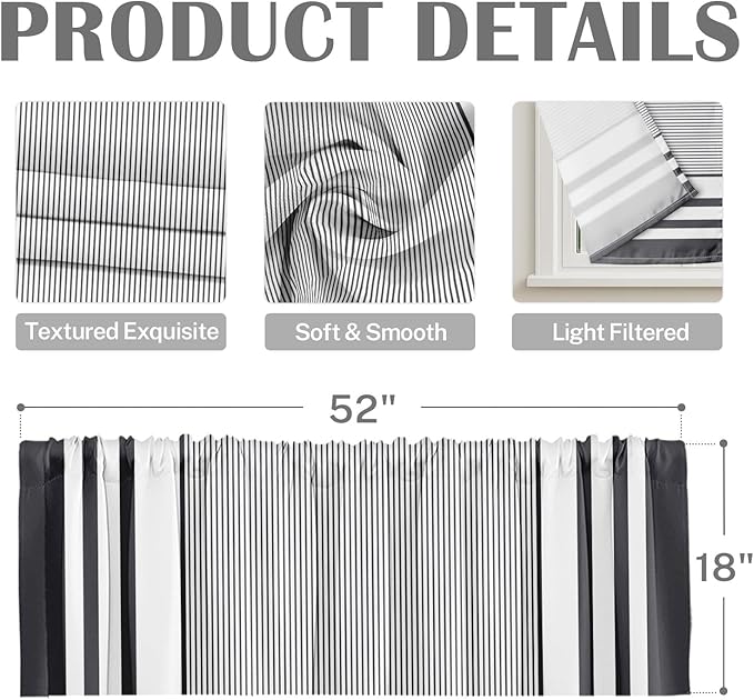 Emvency 2 Pack Valances Window Treatments, Striped Minimalist Modern Geometric Grey Abstract Drapes Adjustable Curtain for Windows Living Room Kitchen Over Sink, 52x18 Inch Rod Pocket Valances