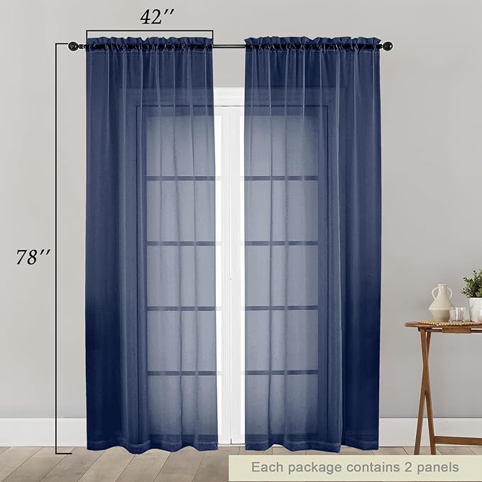 Navy Blue Sheer Curtain for Bedroom Living Room 78 Inches Long 2 Panels Set, Solid Soft Airy Light Filtering Sheer Window Curtains, Modern Rod Pocket Door Curtain, 42" Wx78 L Inches