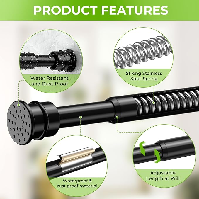 Spring Tension Rods 28-48 Inches No Drill Tension Curtain Rods Black Spring Loaded Curtain Rods Adjustable Small Short Tension Curtain Rod for Window,Kitchen,Doorway,Cupboard,Wardrobe