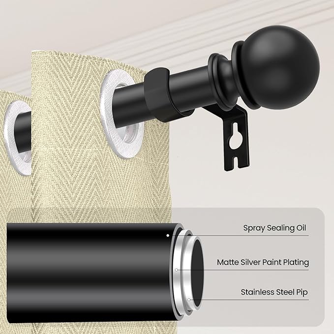 Black Curtain Rods for Windows 28 to 48 Inch, 5/8" Diameter Heavy Duty Metal Adjustable Small Curtain Rod With Bracket