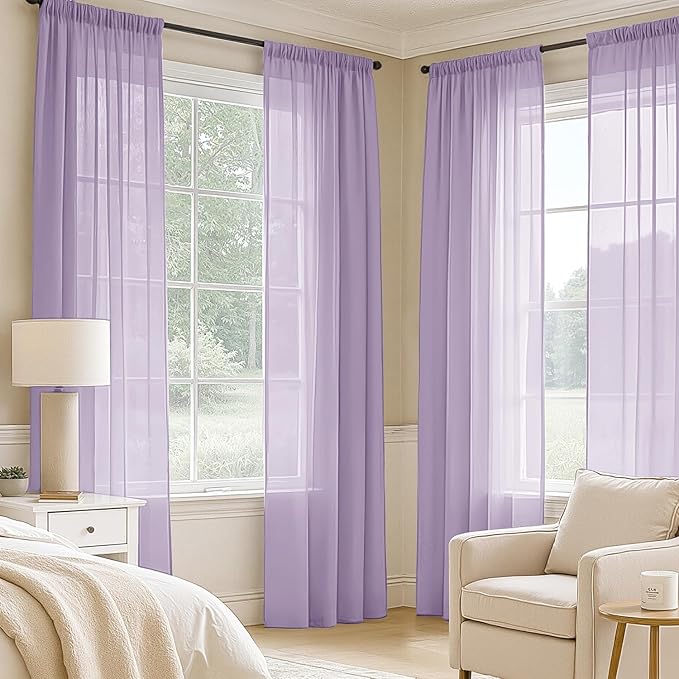 MIULEE Light Purple Sheer Curtains 90 Inches Long, 4 Panels Set, Lavender Light Filtering Rod Pocket Voile Drapes for Living Room and Bedroom, Airy Soft Fabric Window Treatments, 42 x 90 Inches