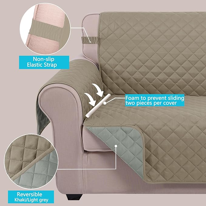 U-NICE HOME Large Sofa Cover Reversible Couch Cover for Dogs with Elastic Straps Water Resistant Furniture Protector for Pets Couch Cover for 4 Cushion Couch (Oversized Sofa, Khaki/Light Grey)