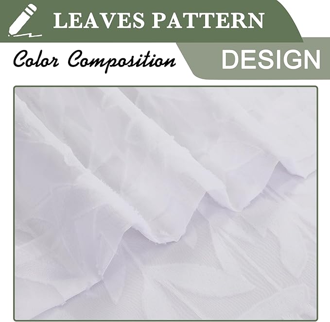 Lecloud Leia 2 PCS White Valance Sheer Curtains Tiers 24 Inch Long, Clip Jacquard Voile Kitchen Curtain for Small Window, Soft Leaves Basement Livng Room Bedroom Drapes Dual Rod Pockets, 38x24 Inch