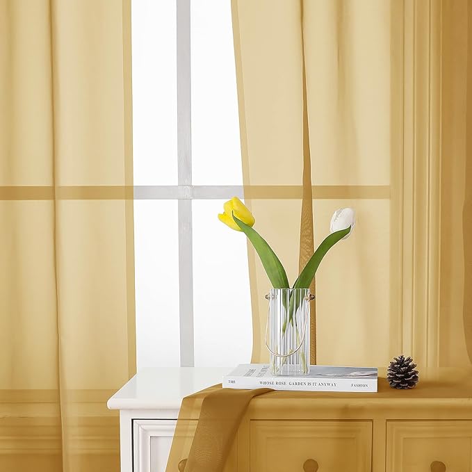 Lecloud Gold Sheer Curtains 63 Inch Length 2 Panels, Airy Light Filtering Voile Curtain Drapes for Bedroom Windows, Dual Rod Pocket Living Room Sheer Curtains Decor, 40 W x 63 L Inches, Gold