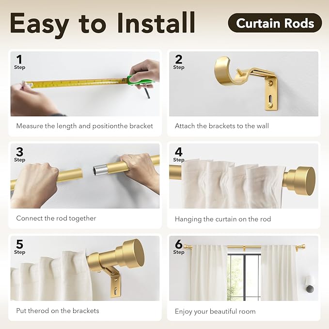 IFELS 2 Pack Heavy Duty Curtain Rods for Windows 66 to 120 Inch, 1 Inch Gold Adjustable Curtain Rod Set with Easy Installation and Modern Design (A1,Gold,30-120",2Pack)