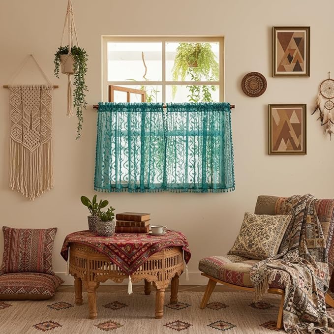 WAZZIO Boho Lace Curtains 2 Panels 45 Inch -Victorian Sheer Panel Drape French Country Floral Pattern & Tassel Light Filtering Privacy for Bedroom Dining Living Room,Coastal Decor,Teal,W52x L45
