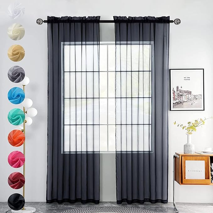 youleyar Solid Sheer Rod Pocket Curtain Voile Draperies 2 Panels White Beige Black Grey Coffee 52 Inch Width 45 Inch Long 1 Pair for Kitchen Bedroom Children Living Room Yard(Charcoal Grey,52Wｘ45L)