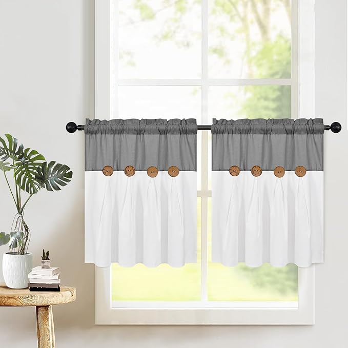 Boho Kitchen Curtains 24 Inch Length, Farmhouse Cotton Linen Tier Curtain, Rustic Button Short Curtains for Windows, Grey Country Cafe Drapes, Rod Pocket Small Window Curtain for Kitchen, 26x24