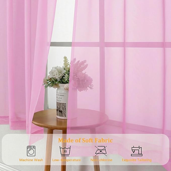 Gwine Sheer Curtains for Living Room 45 inch Length - Light Filtering Voile Window Curtain Panels for Bedroom, Soft Rod Pocket Sheer Curtain Drapes, Each 42Wx45L, 2 Panels, Pink