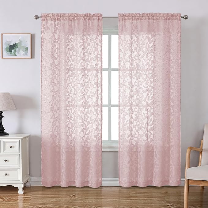 Lecloud Leia Blush Pink Sheer Curtains 72 Inches Long 2 Panels, Jacquard Leaf Textured Light Filtering Bedroom Curtains, Rod Pockets Airy Drapes for Living Room Dining Room, Each Panel 42" W x 72" L