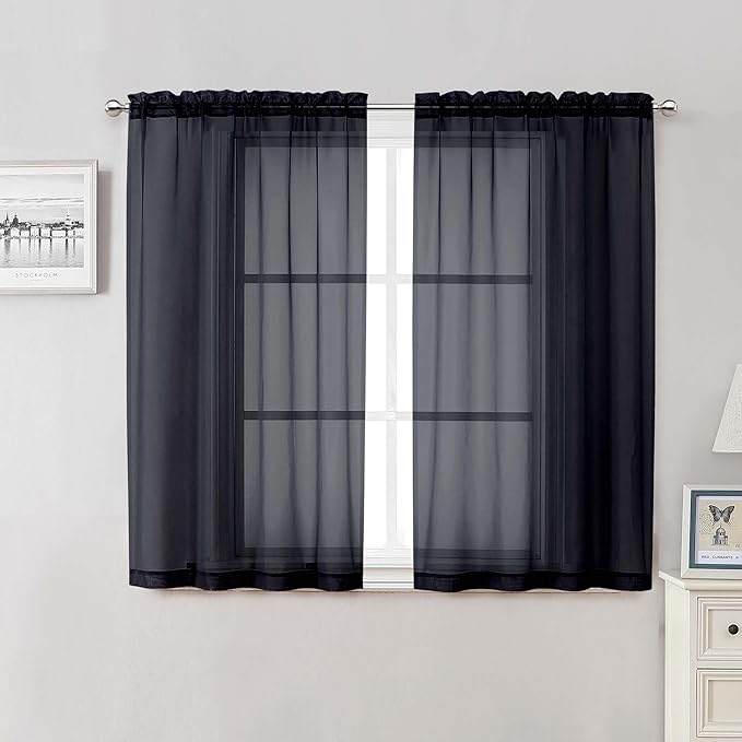 Lecloud Black Sheer Curtains 50 Inch Length 2 Pcs, Light Filtering Bedroom Curtains for Living Room Window Treatments, Rod Pockets Voile Drapes for Bathroom Basement, Each Panel 42" W x 50" L