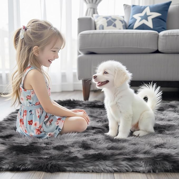 Area Rugs 9x12 Living Room, Large Area Rug Shag Shaggy Carpet Soft Plush Furry Bedside Rug, Machine Washable Area Rugs for Bedroom Kids Girls Boys Anti Slip(9 x 12, Dark Grey Tie-Dyed)