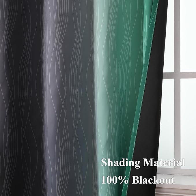 Estelar Textiler Black and Green Ombre Blackout Curtains 45 Inches Long, Full Room Darkening Gradient Drapes for Kitchen, Thermal Insulated Grommet Curtains for Short Window,52Wx45L,2 Panels