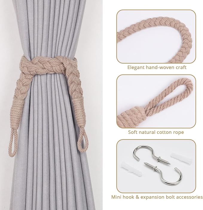 NICEEC 2 Pack Natural Cotton Rope Curtain Tiebacks Elegant Boho Style Decorative Drape Tie Backs Soft Hand-Woven Rope Curtain Holdbacks with Metal Hook for Home & Office Drapery (Grey Coffee)