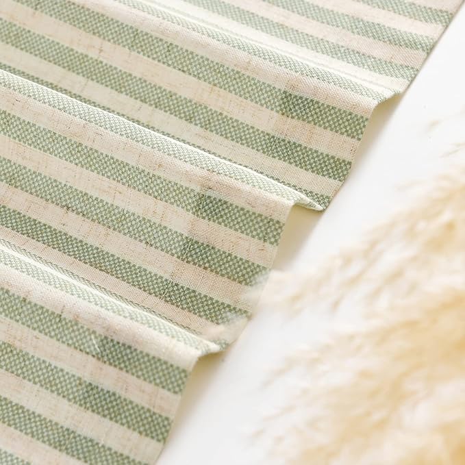 jinchan Tie Up Linen Textured Striped Bow Tie Curtain for Kitchen Bathroom Rod Pocket Pinstripe Valance Window Treatments Ticking Stripe Pull Cord Valance 1 Panel 18 Inch Sage Green on Linen