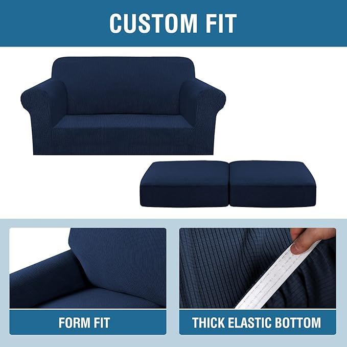 H.VERSAILTEX 3 Piece Stretch Sofa Covers for 2 Cushion Loveseat Couch Covers for Living Room Sofa Slipcovers (Base Cover Plus 2 Seat Cushion Covers) Thicker Jacquard Fabric(Medium Sofa, Navy)
