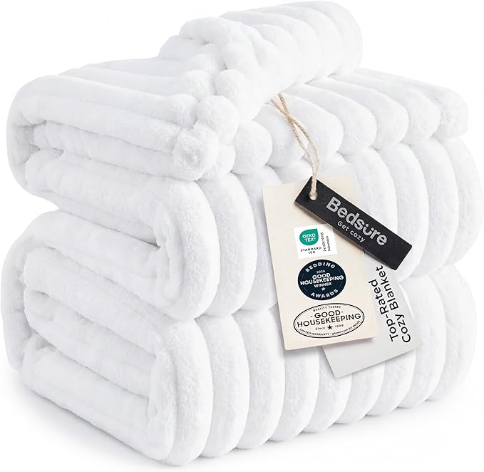 Bedsure GentleSoft Queen Blanket for Couch - Cozy Soft Blankets for Women, Cute Small Fleece Throws for Girls, Bright White, 90x90 Inches