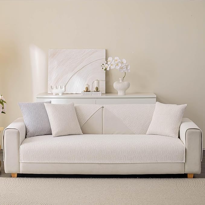 Soft Waterproof Chenille Cover Washable, Non Slip Sectional Sofa Covers for 3 Cushion Couch Sofa L Sharped Sofa Slipcover for Pets, Furniture Protector (1 PCS 27"x27" White)