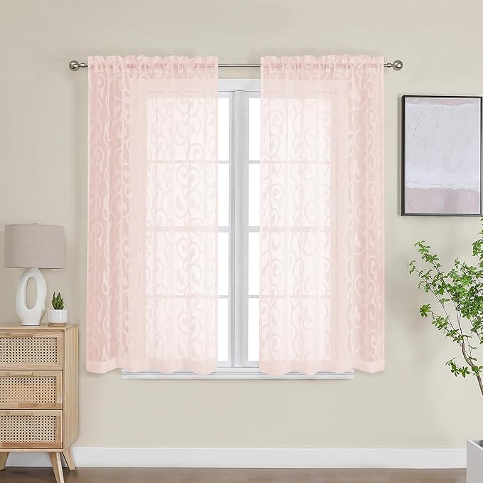 OWENIE Furman Sheer Curtains 54 Inch Length 2 Panels Set, Airy Jacquard Clip Short Curtains for Small Window, Small Windows Bedroom Living Room Bathroom, Modern Dual Rod Pocket, 40Wx54L