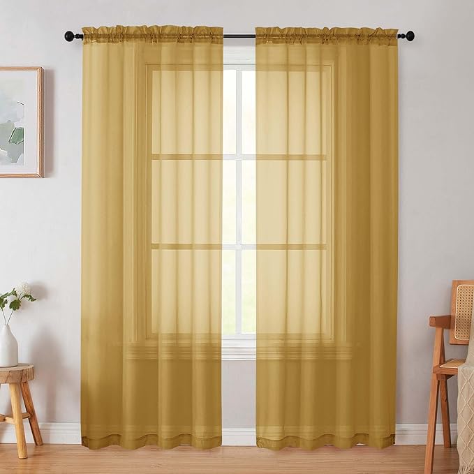 Gold Sheer Curtain for Bedroom Living Room 78 Inches Long 2 Panels Set, Solid Soft Airy Light Filtering Sheer Window Curtains, Modern Rod Pocket Door Curtain, Gold, 42" Wx78 L Inches