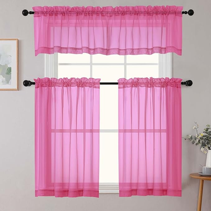 Hot Pink Valances for Windows, Hot Pink Sheer Curtains 14 Inch Length 2 Pack Kitchen Drapes, Modern Solid Mini Small Window Curtains for Cafe Bathroom Basement, 42" Wx14 L Inches