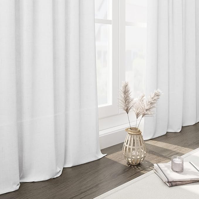 Nanspring White Short Linen Curtains 40 Inch Length 2 Panels Back Tab Rod Pocket Semi Sheer Light Filtering Small Window Modern Farmhouse Draps for Kitchen Bathroom Cafe Loft Room Decorative 52x40