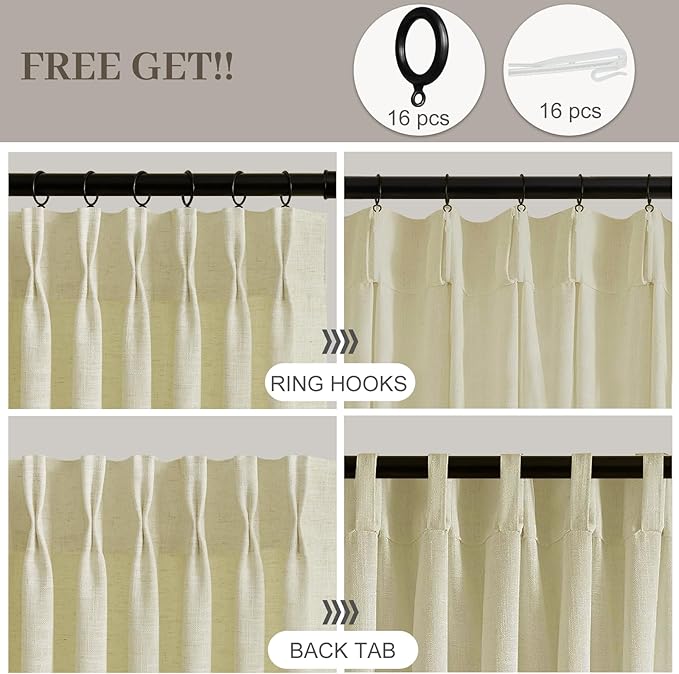 Pinch Pleated Linen Curtains 90 Inches Long 2 Panels for Living Room, Light Filtering Pleat Curtain Back Tab Semi Sheer Linen Drapes with Hooks Rings for Bedroom Dining Room, 40x90, Grey Beige