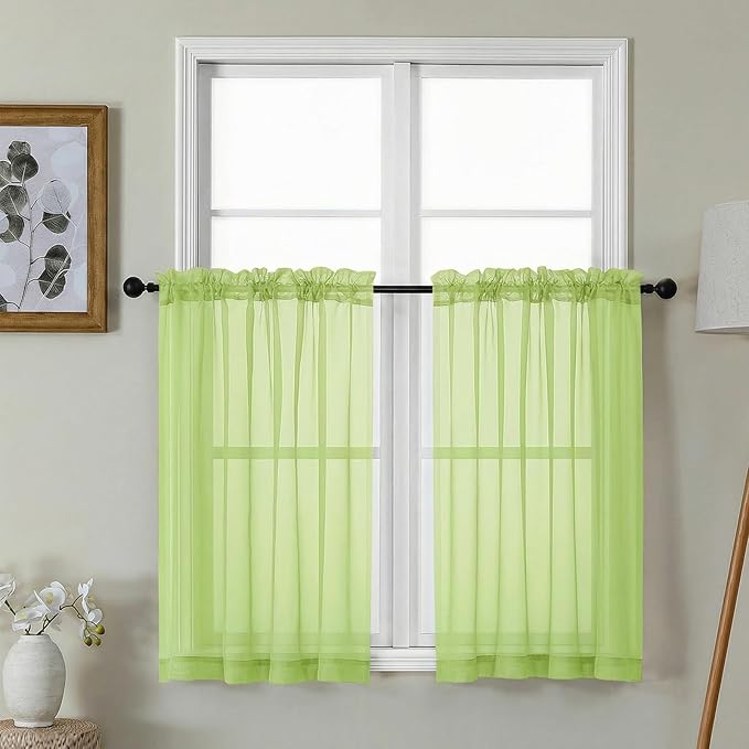 Gwine Short Kitchen Sheer Curtains 36 Inch Length - Light Filtering Voile Small Half Window Curtain for Basement, Rod Pocket Cafe Curtains for Bathroom Cabinet, 42Wx36L Inch, 2 Panels, Lime