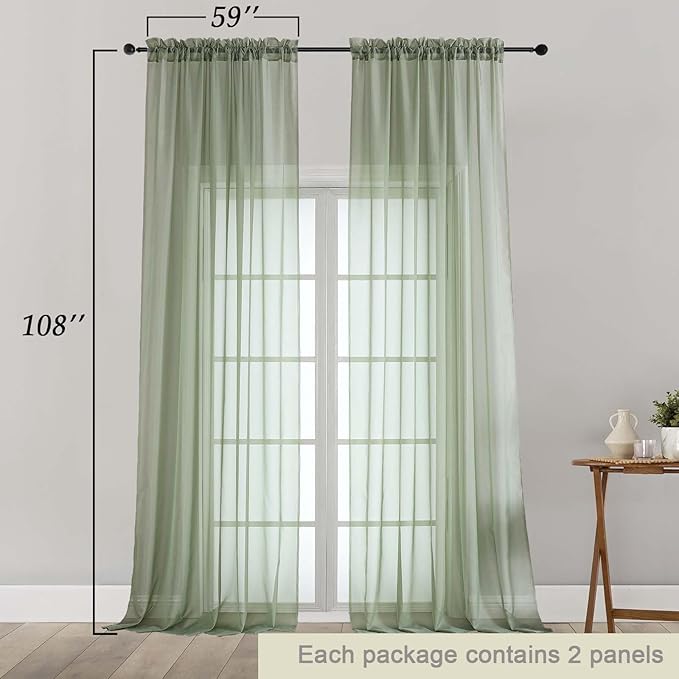 Extra Long Sheer Green Curtains for Bedroom Living Room 108 Inches Long 2 Panels Set, Solid Soft Light Filtering Rod Pocket Sheer Window Curtains, Sage, Each 59" Wx108 L Inch