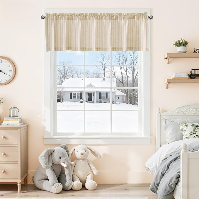 jinchan Valance Curtain Linen Textured Striped Window Curtain for Living Room Light Filtering Farmhouse Valance for Kitchen Rod Pocket 1 Panel 16 Inch Beige on Linen 1 Panel